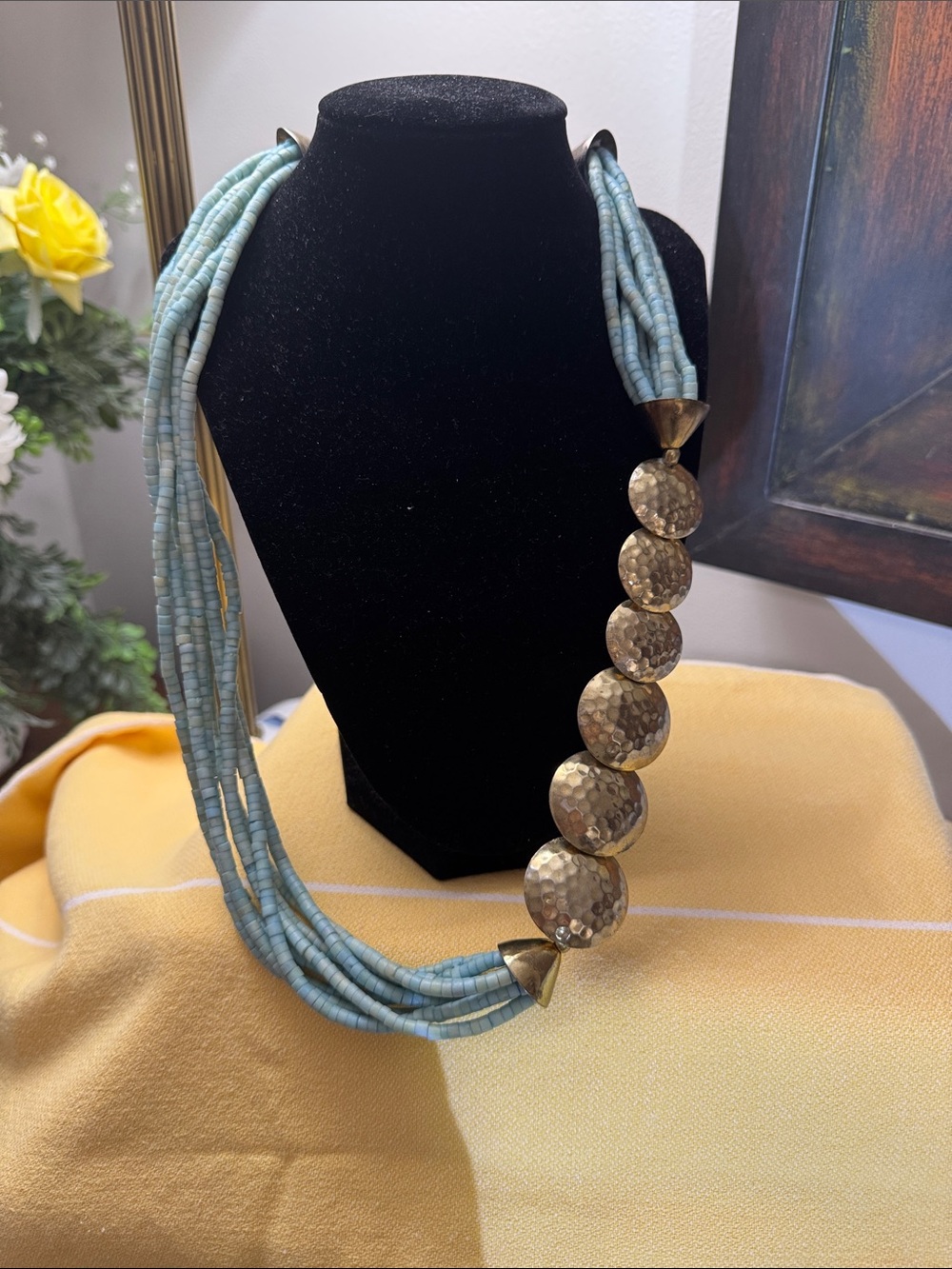Handcrafted Turquoise Beaded Necklace with Hammered Gold Discs